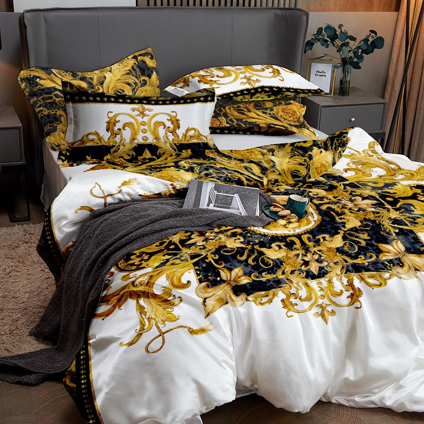 Damasco Barroco Excéntrico Personalizado Amarillo-Negro exclusivo Juego de cama • Diseño reversible • Algodón • microfibra • seda