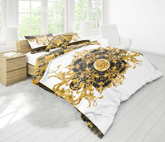 Damasco Barroco Excéntrico Personalizado Amarillo-Negro exclusivo Juego de cama • Diseño reversible • Algodón • microfibra • seda