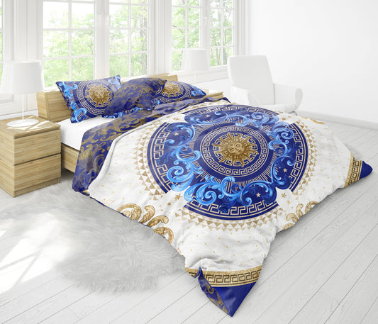 "Noira" Baroque Eccentric Personalised Blue-Gold Bedding set • Reversible design • Cotton • microfiber • AU, EU, USA, queen, king