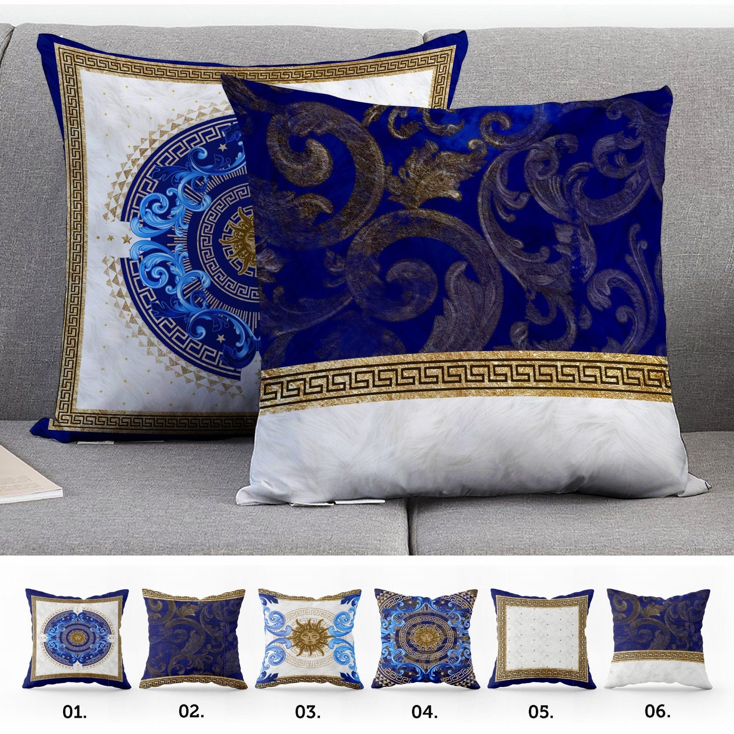 "Noira" cushion covers set • Exclusive Baroque Retro Gold-Blue design Pillow Covers • Art Gift • Living Room Decor • different sizes