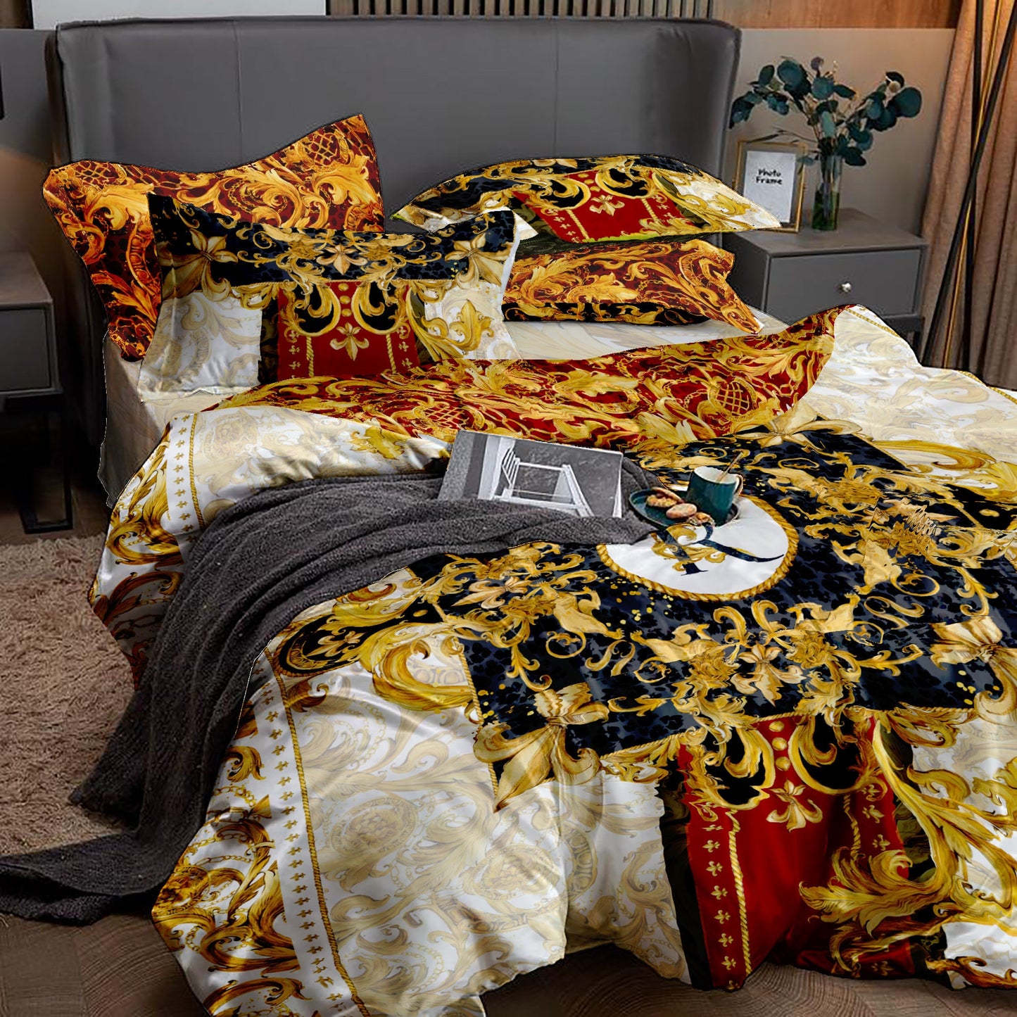 Baroque Eccentric Personalised Red-Golden Bedding set • Reversible design • Cotton • polyester • silk • queen, king