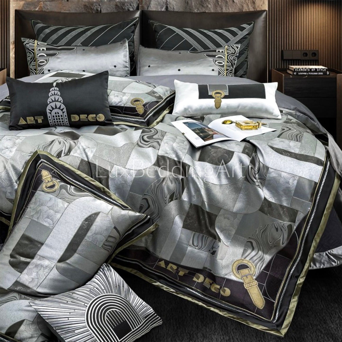 Luxury Premium Large Jacquard with Embroidery Gris Art Deco style design Bedding Set  • 4/6/10/12 PCS