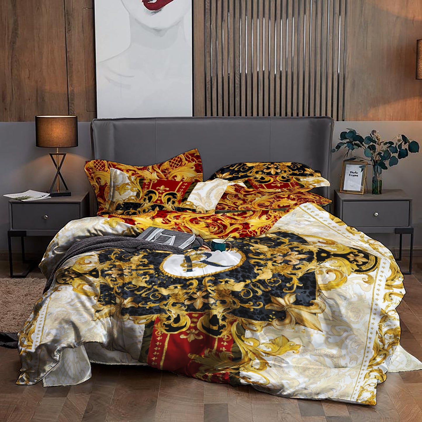 Baroque Eccentric Personalised Red-Golden Bedding set • Reversible design • Cotton • polyester • silk • queen, king