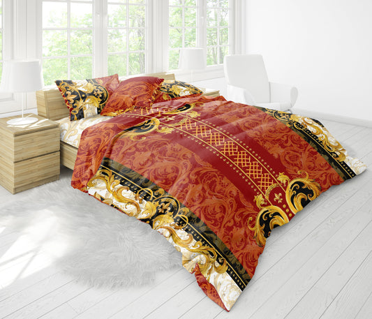 Juego de cama barroco excéntrico personalizado rojo-dorado • Diseño reversible • Algodón • poliéster • seda • queen, king