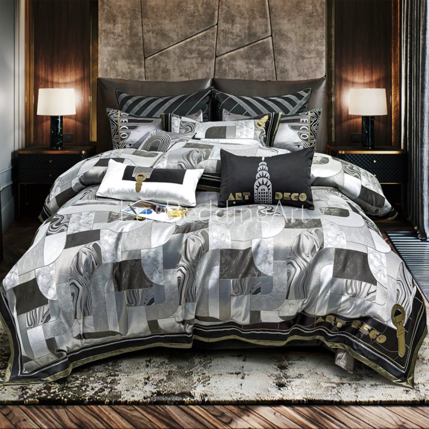 Luxury Premium Large Jacquard with Embroidery Gris Art Deco style design Bedding Set  • 4/6/10/12 PCS