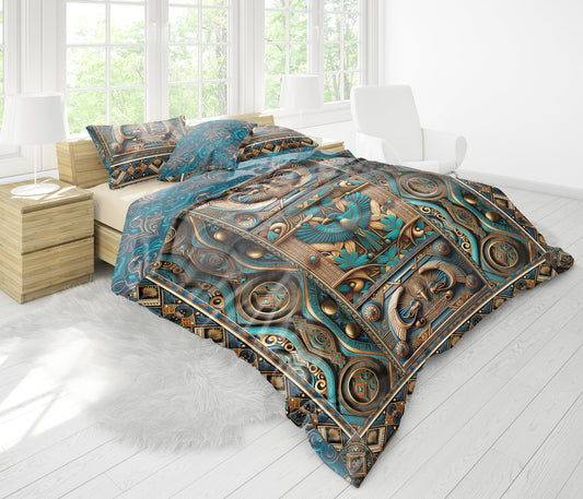 Juego de ropa de cama con estampado de animales egipcio personalizado en azul y dorado • Diseño reversible • Algodón • poliéster • seda • tamaño queen, king