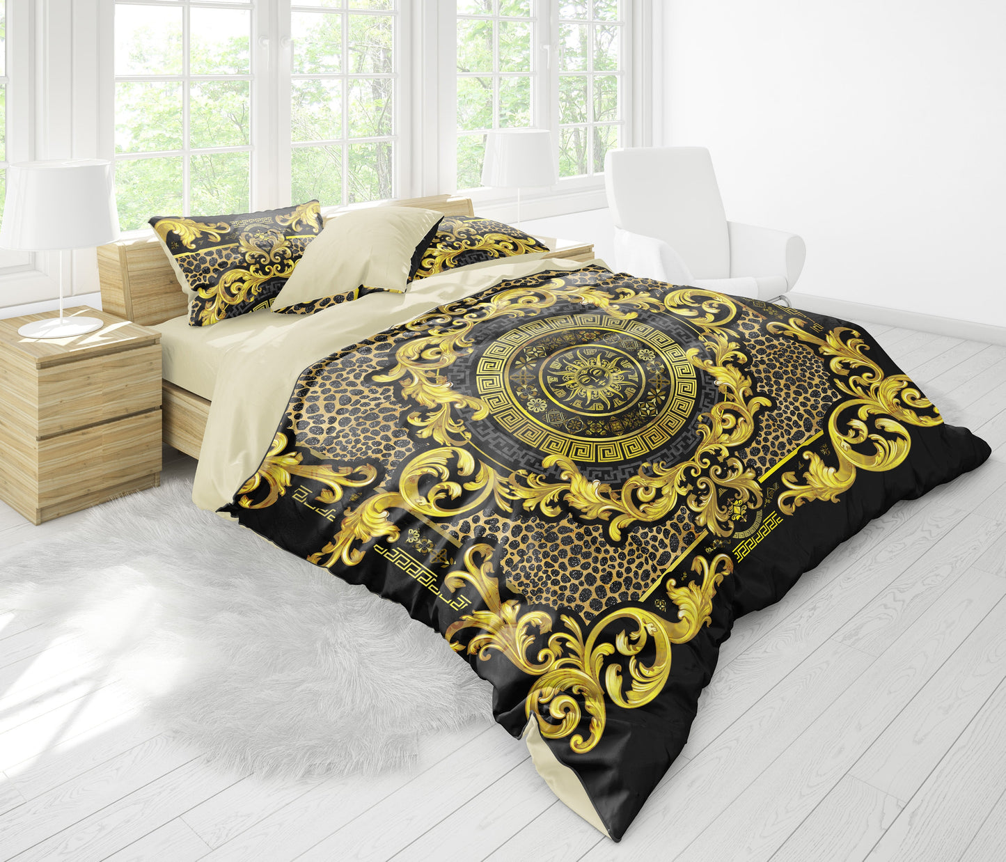 Juego de ropa de cama con estampado de animales egipcio personalizado en azul y dorado • Diseño reversible • Algodón • poliéster • seda • tamaño queen, king