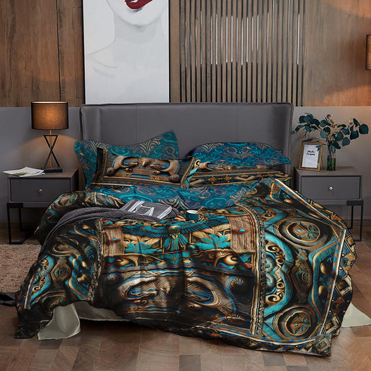 Luxury Egyptian blue-gold pattern Bedding set • Reversible design • Cotton • polyester • silk • queen, king