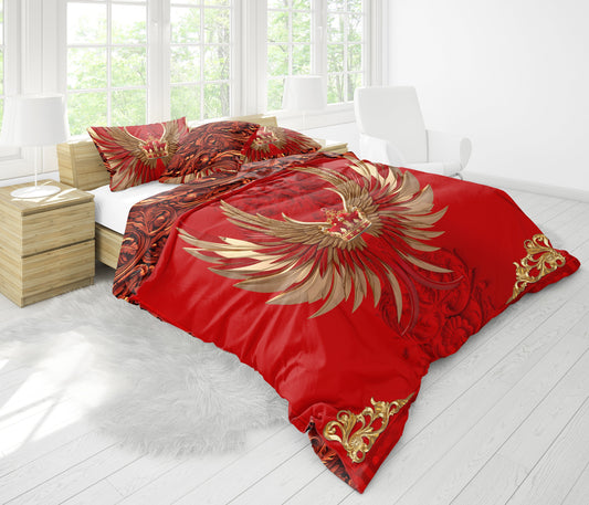 Barroco Excéntrico Personalizado Diseño Rojo-Dorado "alas y corona" Juego de cama • Diseño reversible • Algodón • poliéster • seda • queen, king