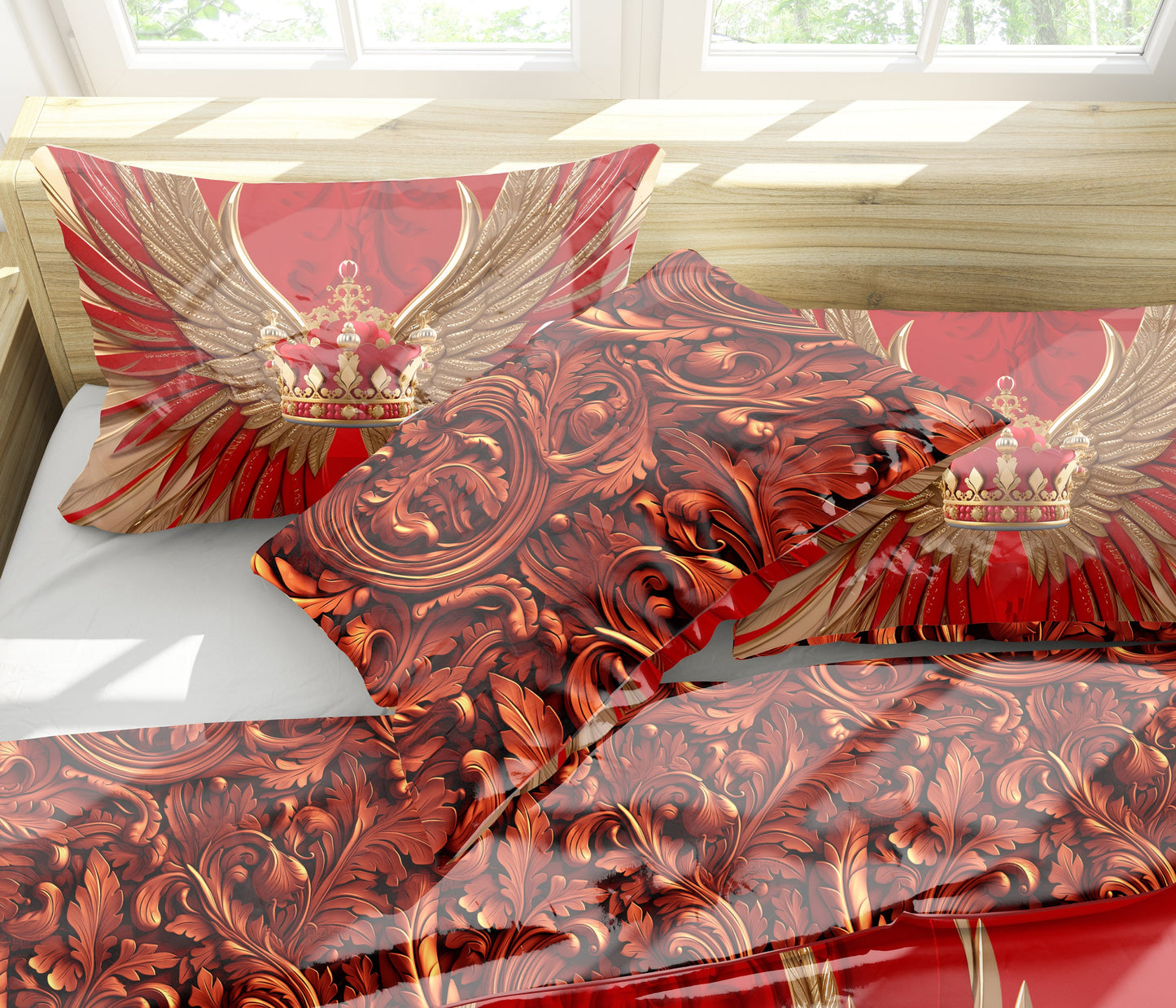 Barroco Excéntrico Personalizado Diseño Rojo-Dorado "alas y corona" Juego de cama • Diseño reversible • Algodón • poliéster • seda • queen, king