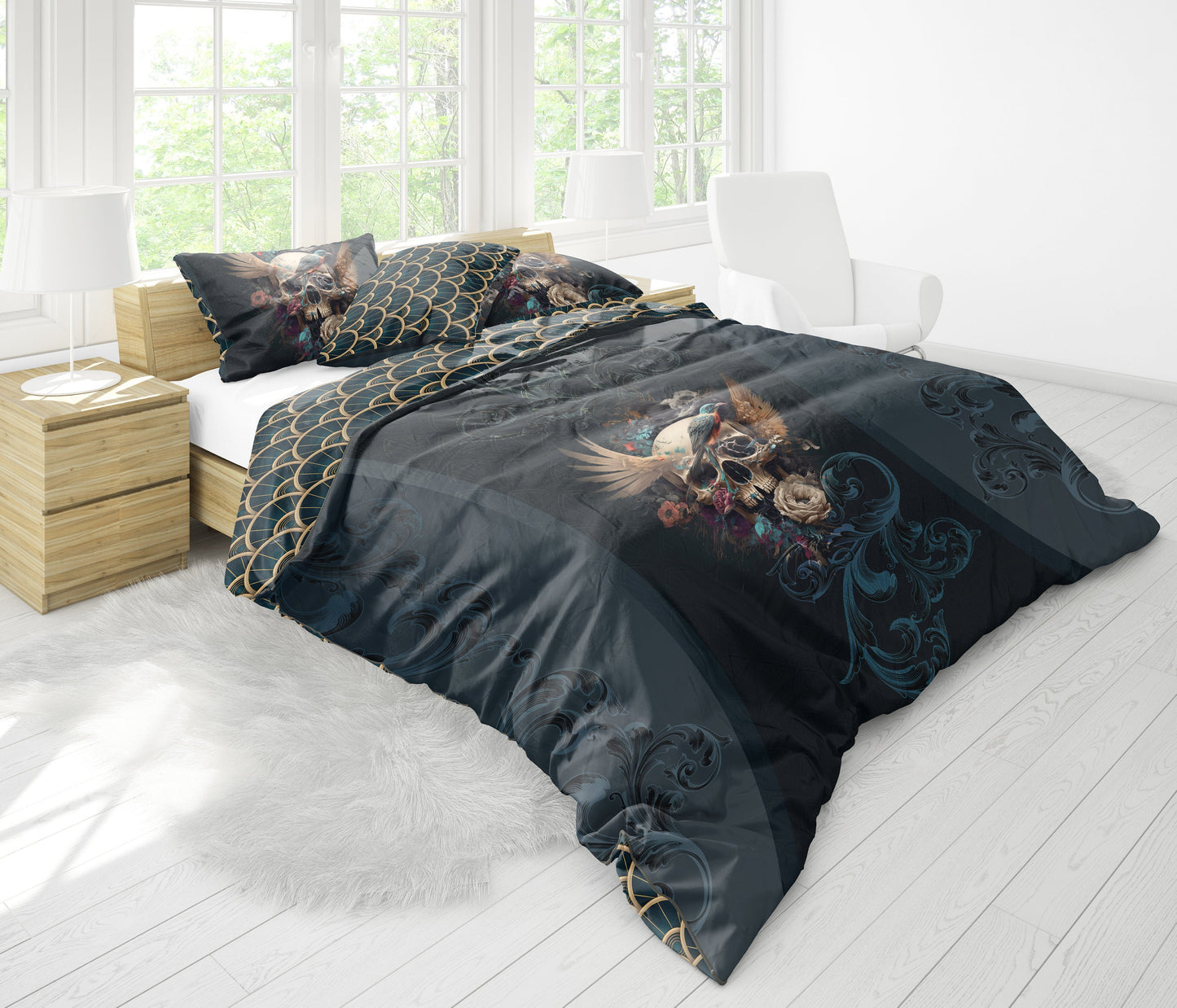 Customize Skull Gothic design Bedding Set  • Reversible design • Personalised quilt• Duvet Cover and Pillowcases • Double Full Queen King