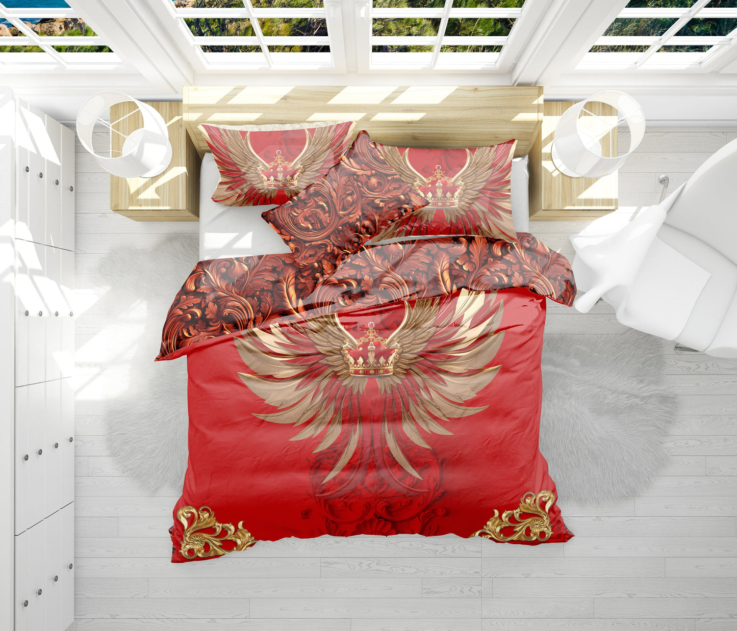 Barroco Excéntrico Personalizado Diseño Rojo-Dorado "alas y corona" Juego de cama • Diseño reversible • Algodón • poliéster • seda • queen, king