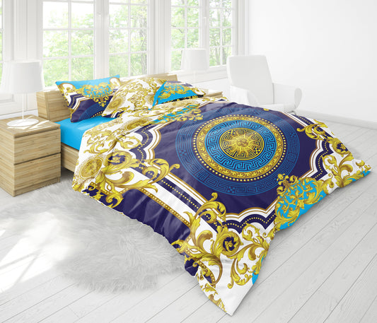 Personalice el juego de cama con patrón barroco excéntrico personalizado en azul y oro • Diseño reversible • Algodón • seda • tamaño queen, king