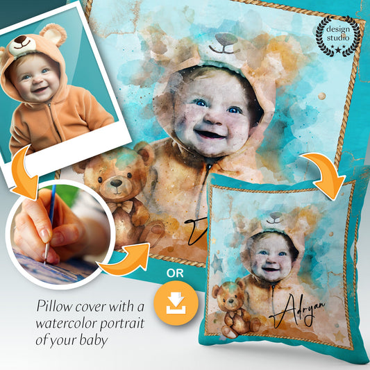 Watercolor portrait of your baby from your photo for a cushion cover • The best gift baptism, Christmas, or birthday gift for new parents