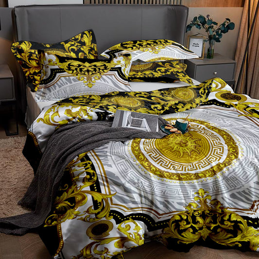 Juego de cama con estampado barroco excéntrico personalizado en negro y dorado • Diseño reversible • Algodón • seda • tamaño queen, king