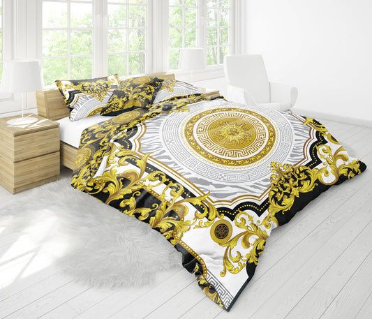 Juego de cama con estampado barroco excéntrico personalizado en negro y dorado • Diseño reversible • Algodón • seda • tamaño queen, king