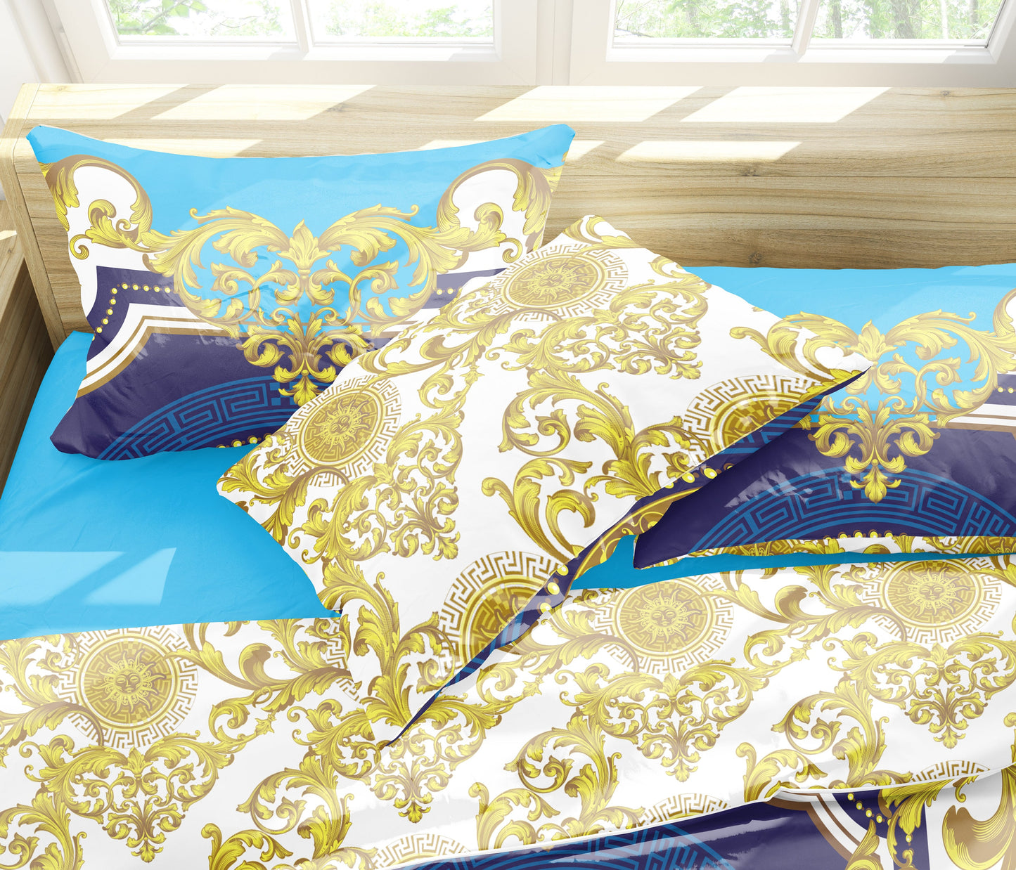 Personalice el juego de cama con patrón barroco excéntrico personalizado en azul y oro • Diseño reversible • Algodón • seda • tamaño queen, king