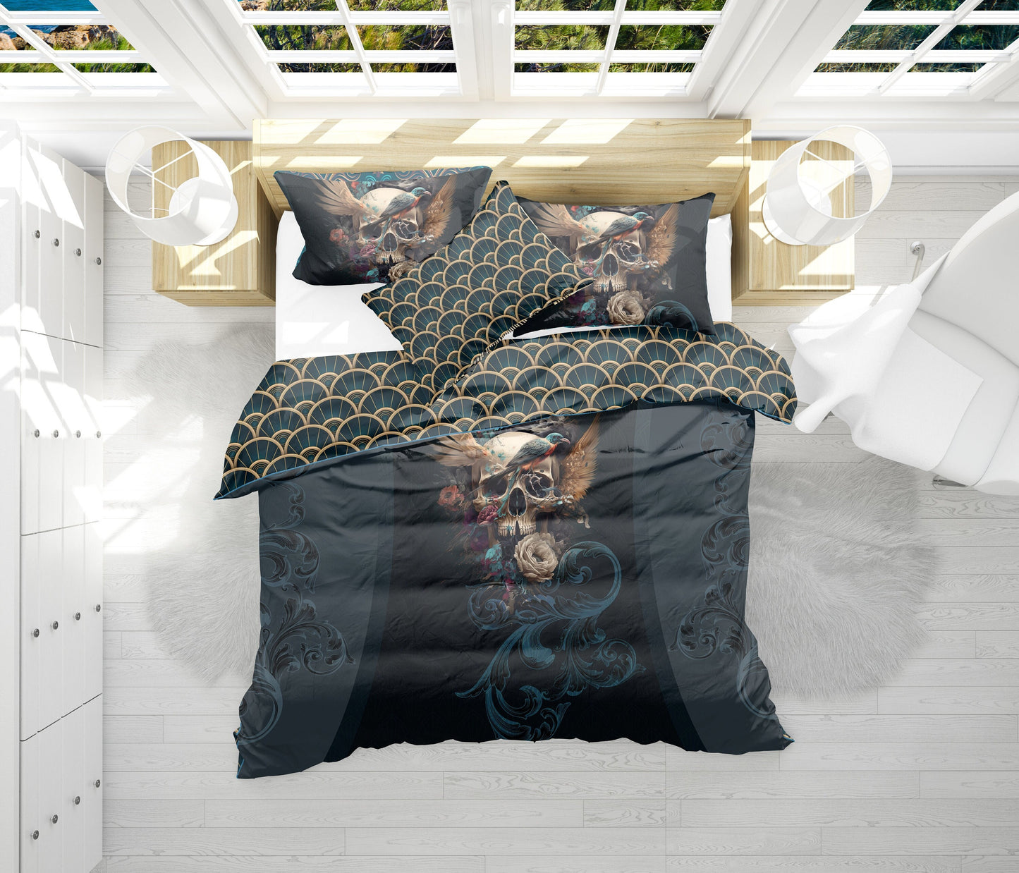 Customize Skull Gothic design Bedding Set  • Reversible design • Personalised quilt• Duvet Cover and Pillowcases • Double Full Queen King