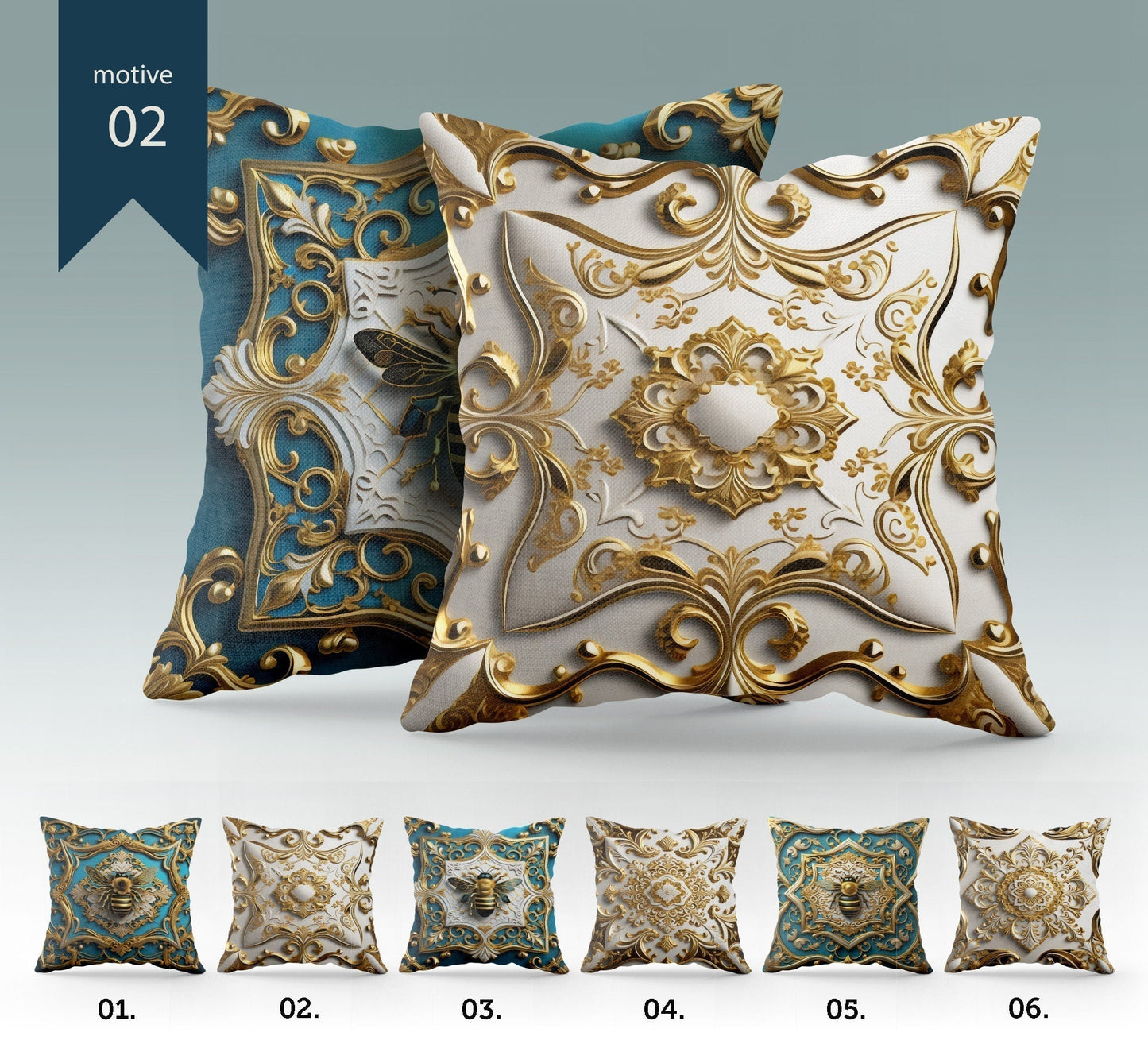 "Blue bee" set Pillow Covers Art Gift • Exclusive 3D Gold&Blue-White design