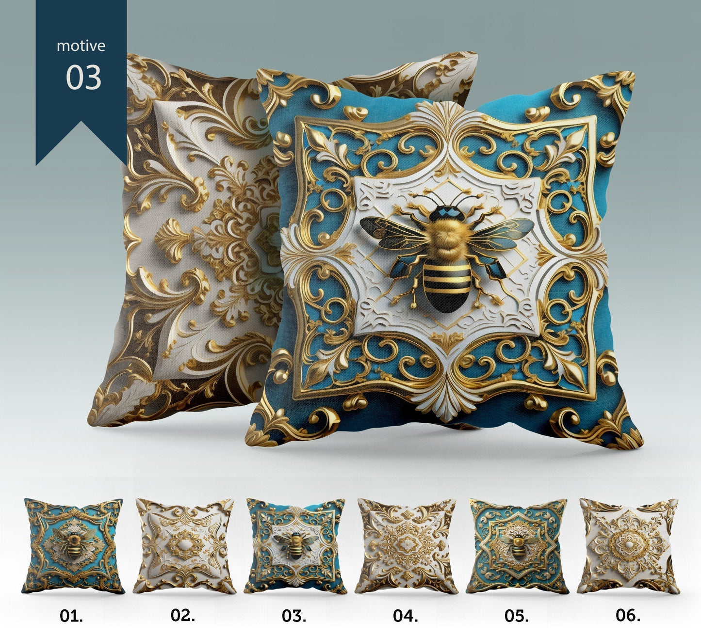 Juego "Abeja azul" Fundas de almohada Regalo artístico • Diseño exclusivo en 3D dorado, azul y blanco