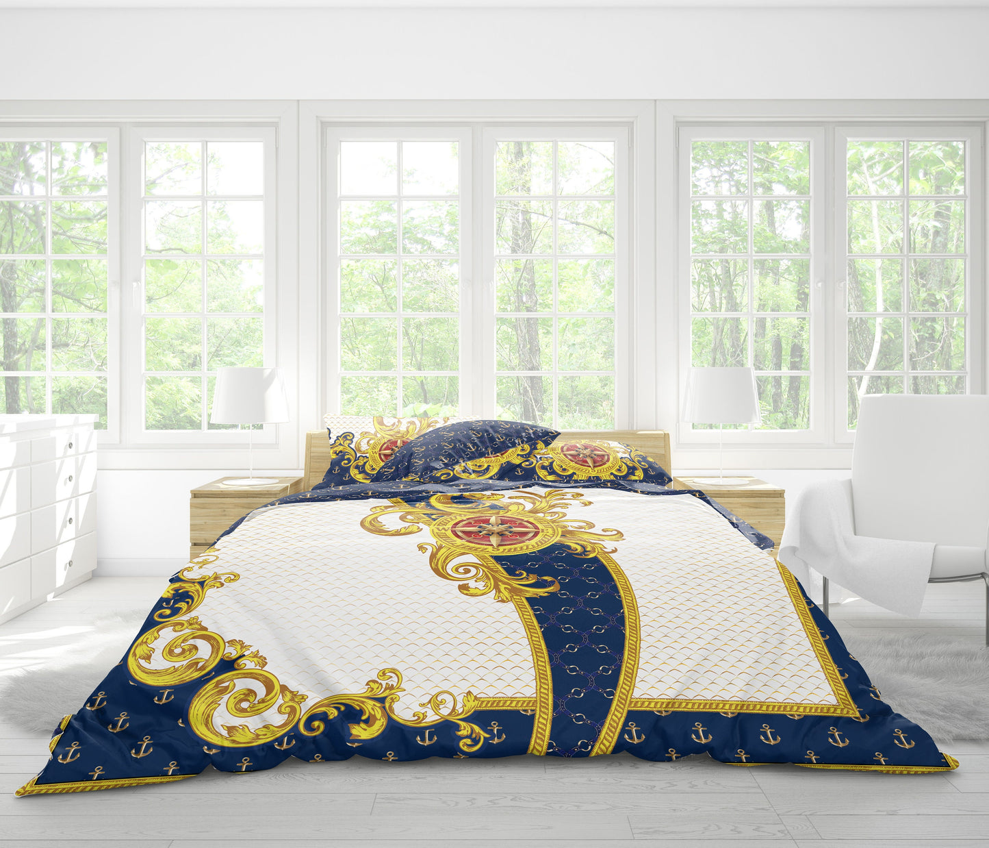 Marine Baroque Blue Yellow White Personalised design Bedding set • Reversible design • Cotton • microfiber • AU, EU, USA, queen, king