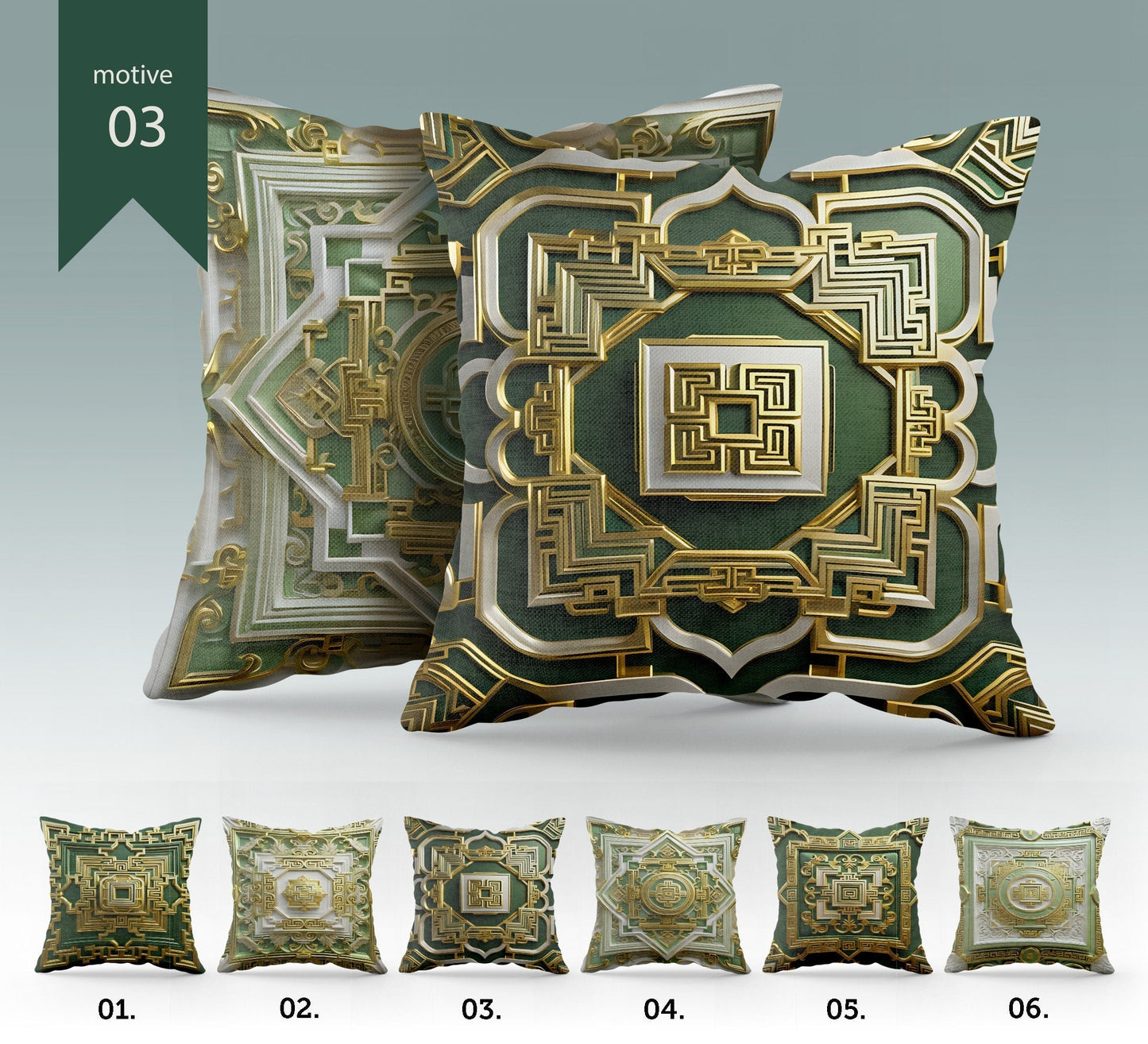 "Eolion" cushion covers set • Art Gift • exclusive greek style retro classic gold-green design Pillow Covers • different sizes