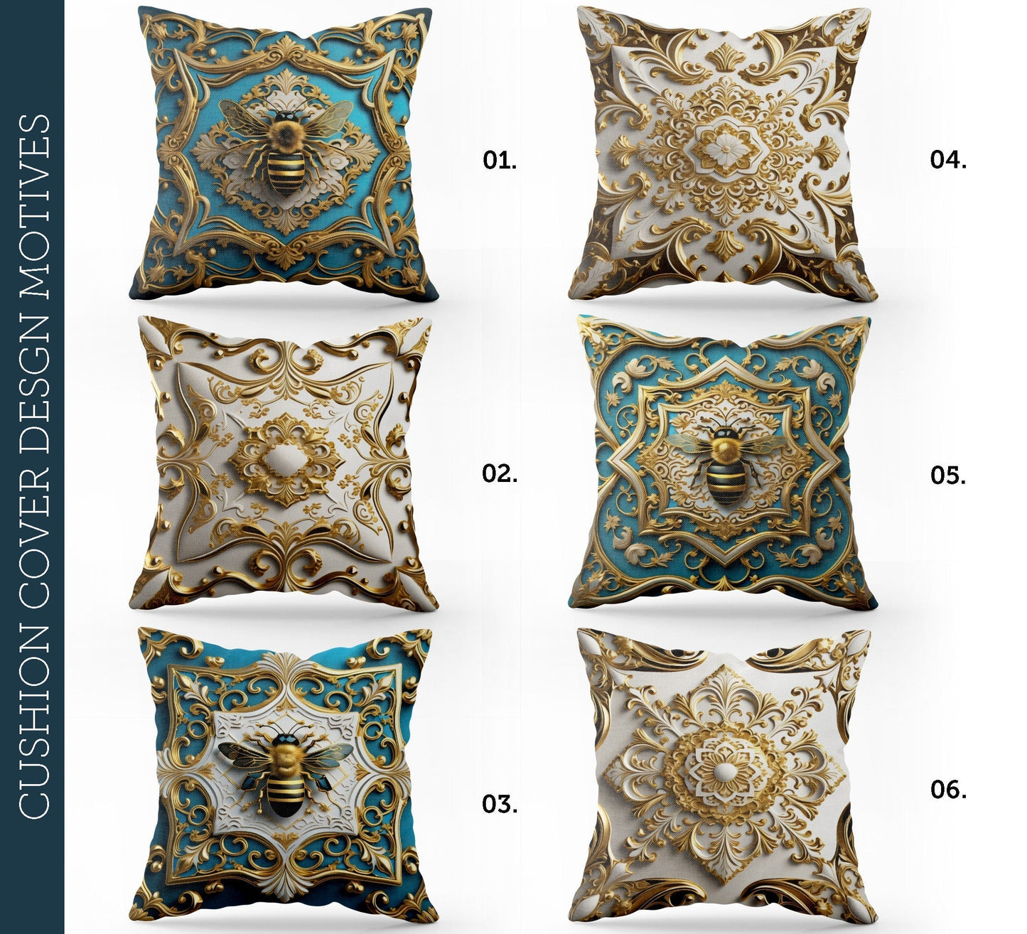 "Blue bee" set Pillow Covers Art Gift • Exclusive 3D Gold&Blue-White design