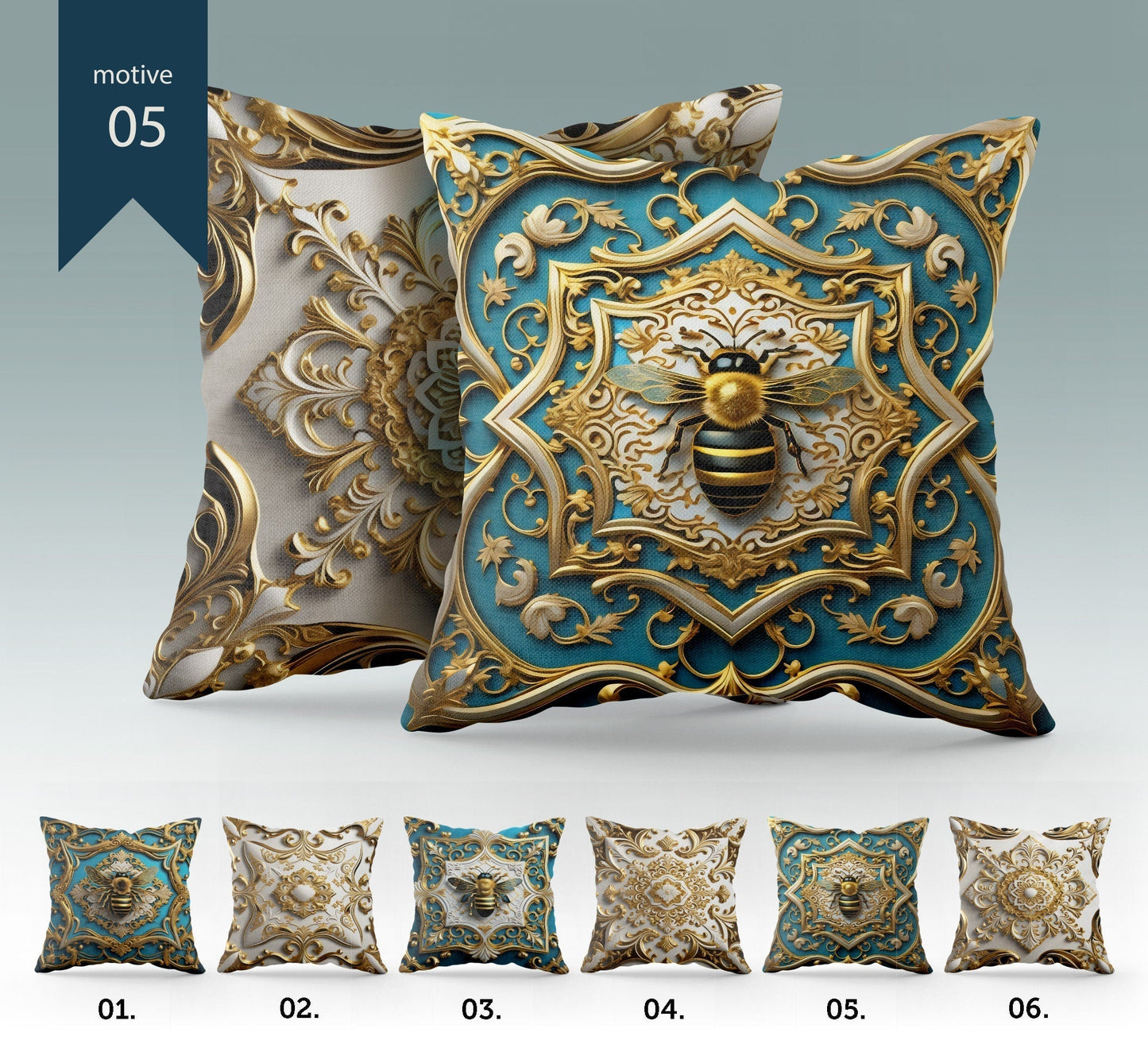 "Blue bee" set Pillow Covers Art Gift • Exclusive 3D Gold&Blue-White design