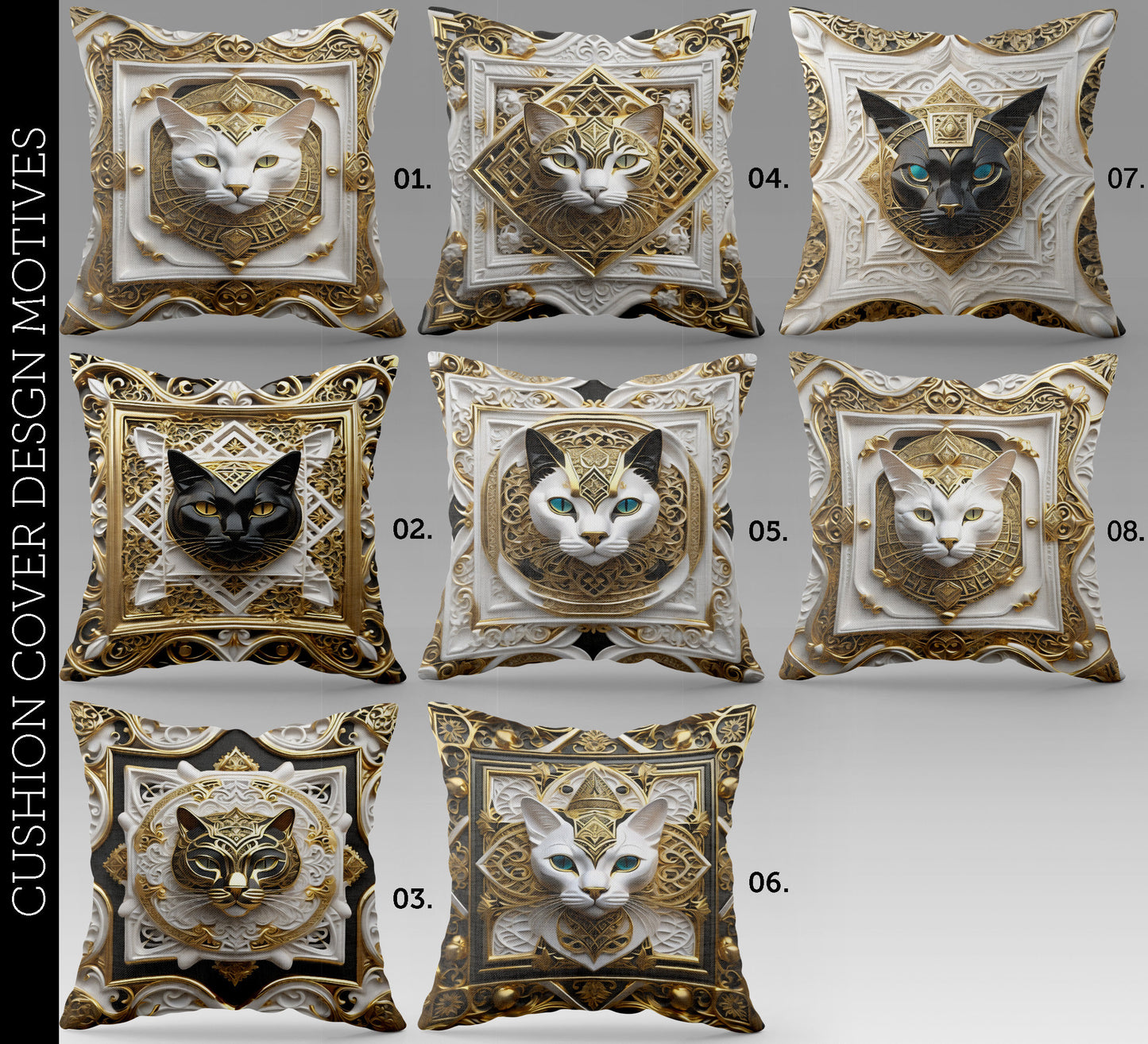 "Sfinks" cushion covers set • Art Gift • Luxury gold Egyptian  cat design pillow covers • different sizes