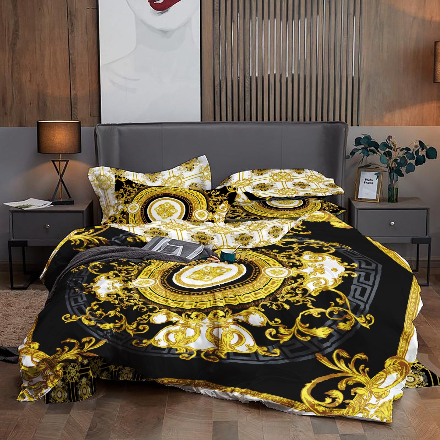 Juego de cama "Creta" Barroco Negro Amarillo Blanco Diseño romántico personalizado • Diseño reversible