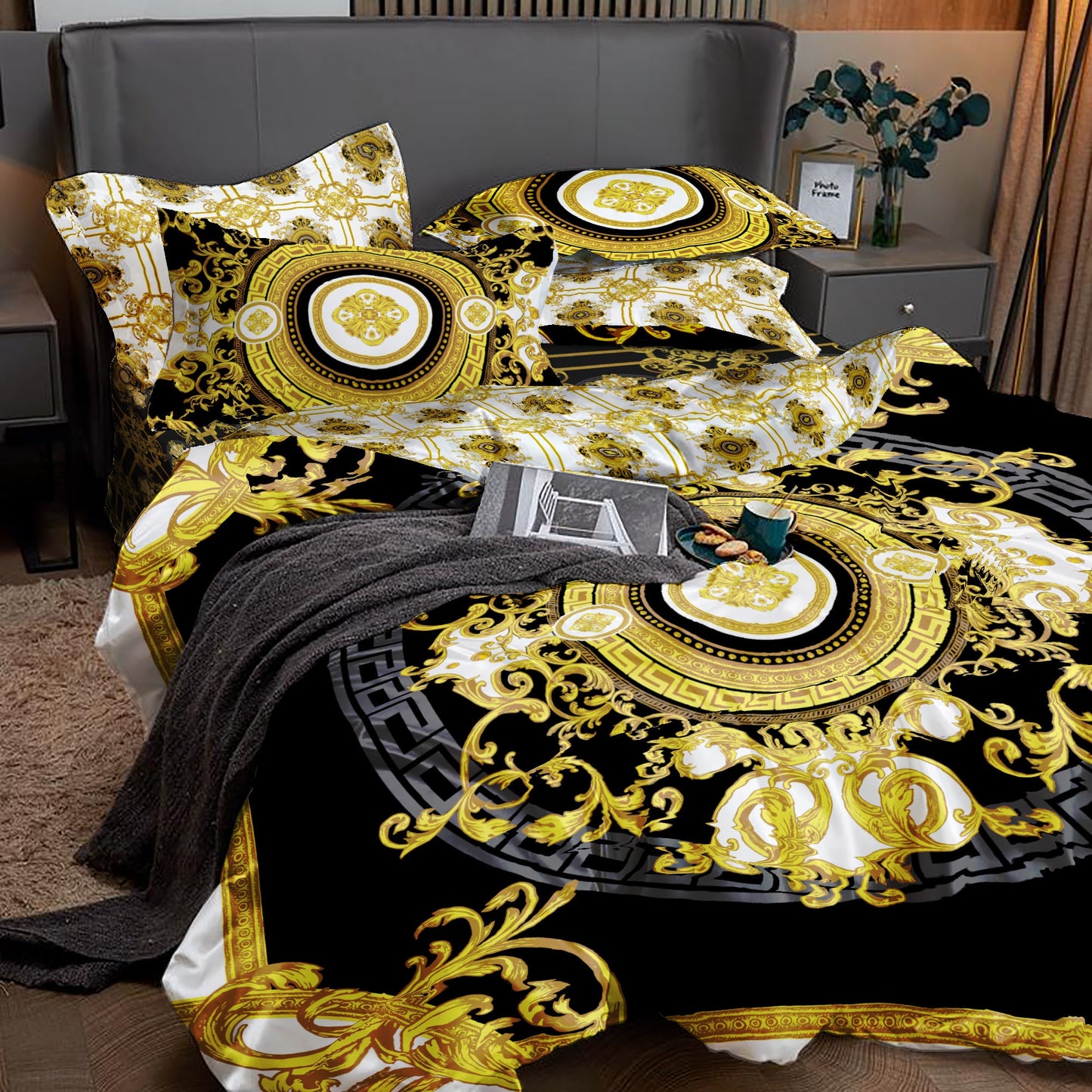 Baroque Black&Yellow and white Personalised design Bedding set • Reversible design • Cotton • microfiber • faux silk • you LOGO