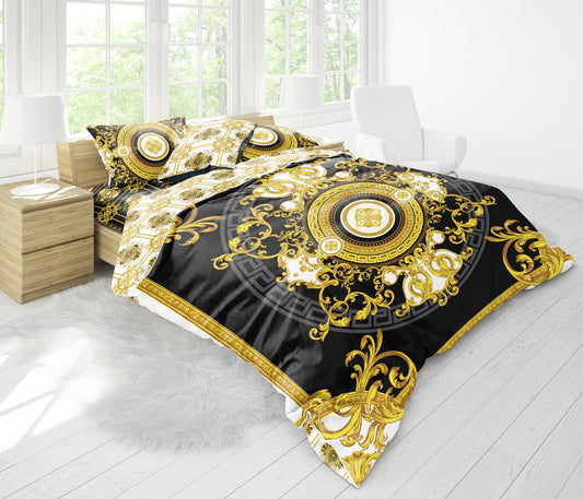 Barroco Negro&amp;Amarillo y blanco Diseño personalizado Juego de cama • Diseño reversible • Algodón • microfibra • seda sintética • TU LOGO