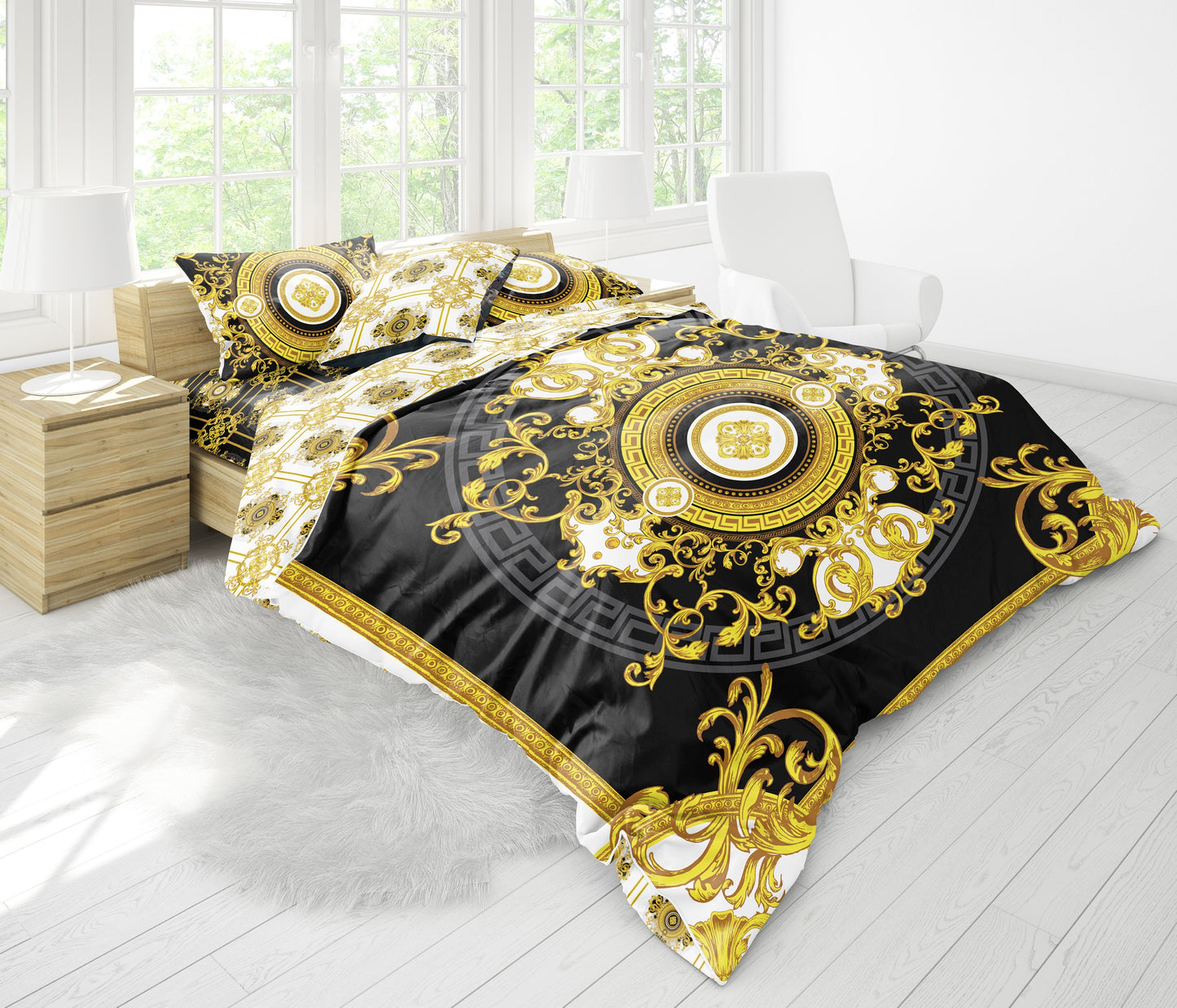 Juego de cama "Creta" Barroco Negro Amarillo Blanco Diseño romántico personalizado • Diseño reversible