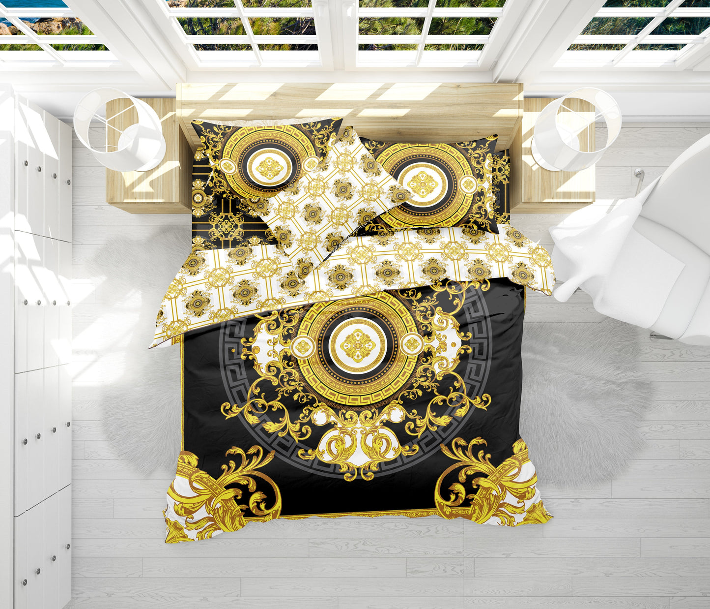 Baroque Black&Yellow and white Personalised design Bedding set • Reversible design • Cotton • microfiber • faux silk • you LOGO