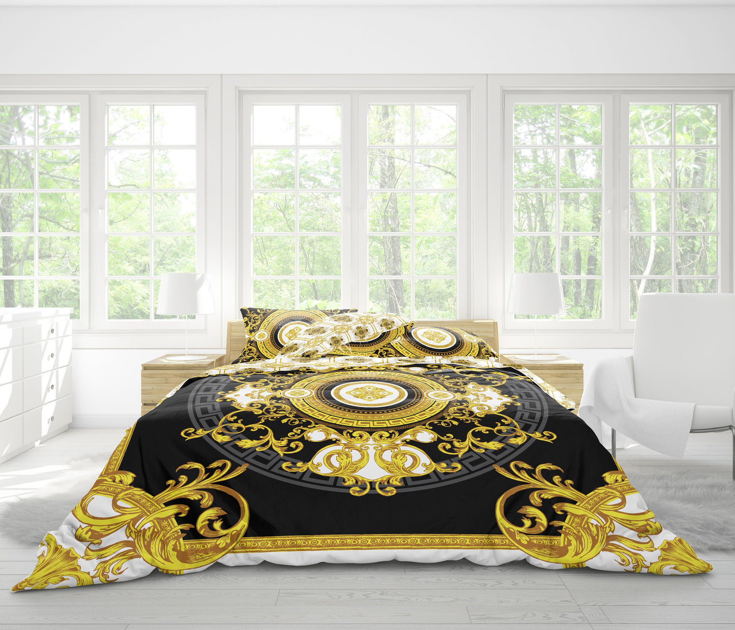 Juego de cama "Creta" Barroco Negro Amarillo Blanco Diseño romántico personalizado • Diseño reversible