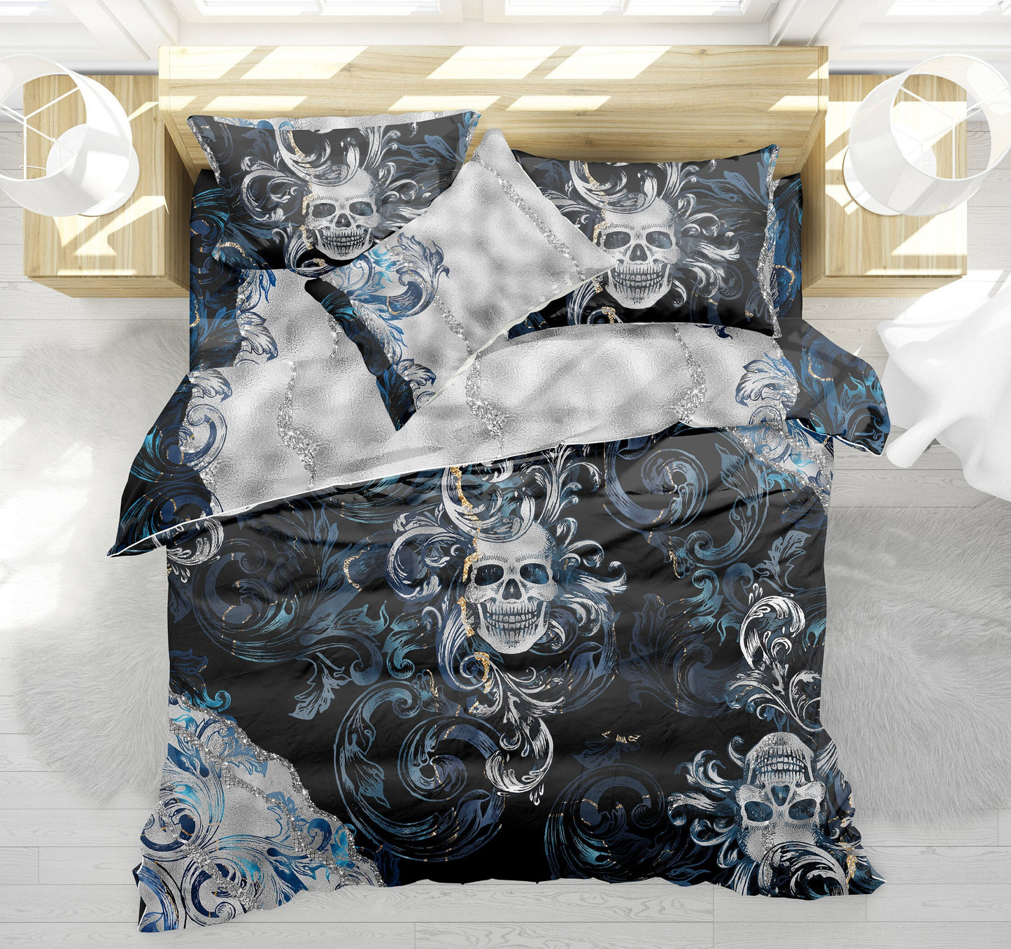Skull Gothic design blue silver Bedding Set • Reversible design • Personalised Bedding • Duvet Cover Set With Pillowcases • Full Queen King