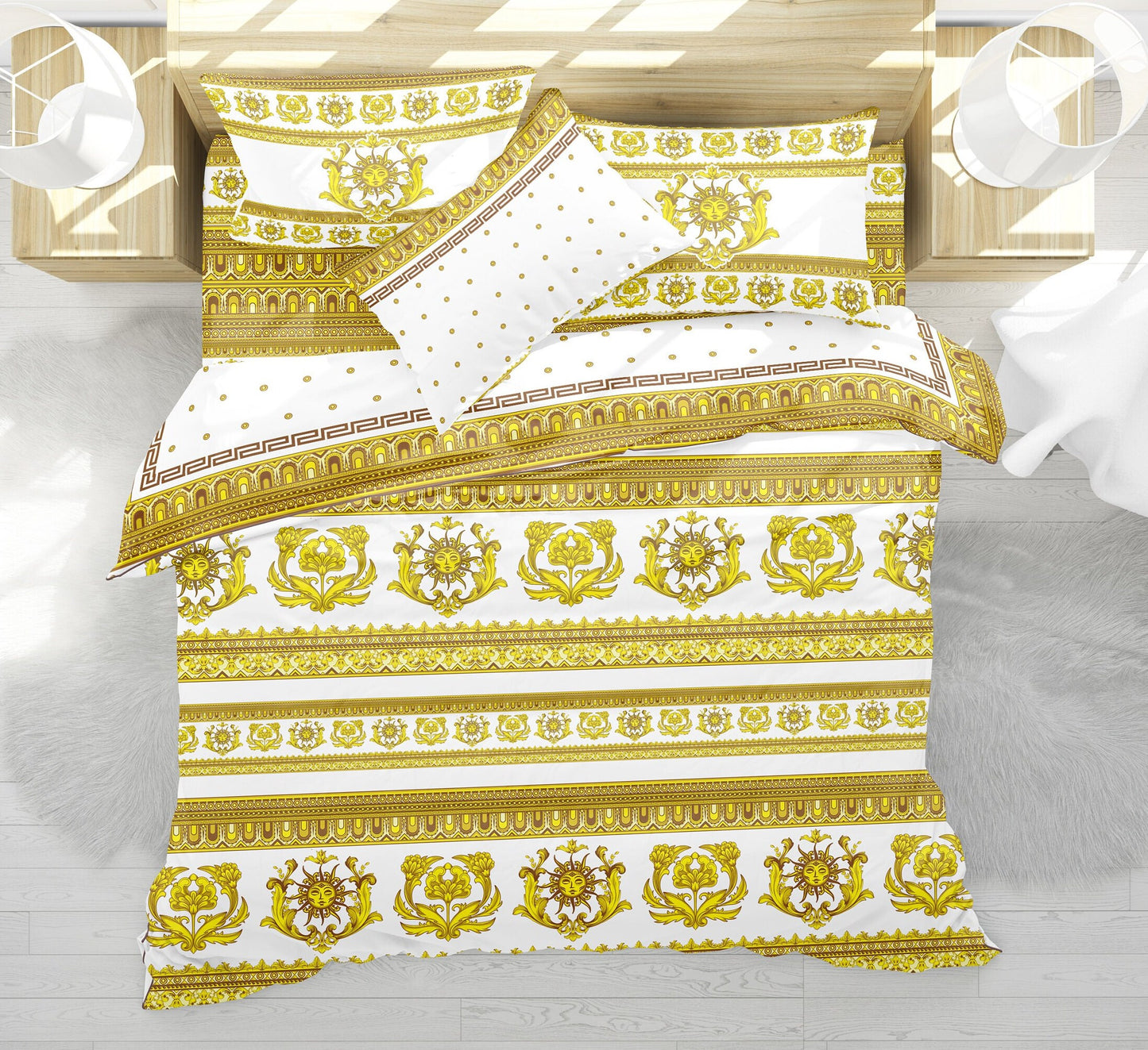 Juego de cama personalizado Barroco Excéntrico Amarillo • su LOGO • Diseño reversible • Algodón • microfibra • seda sintética •