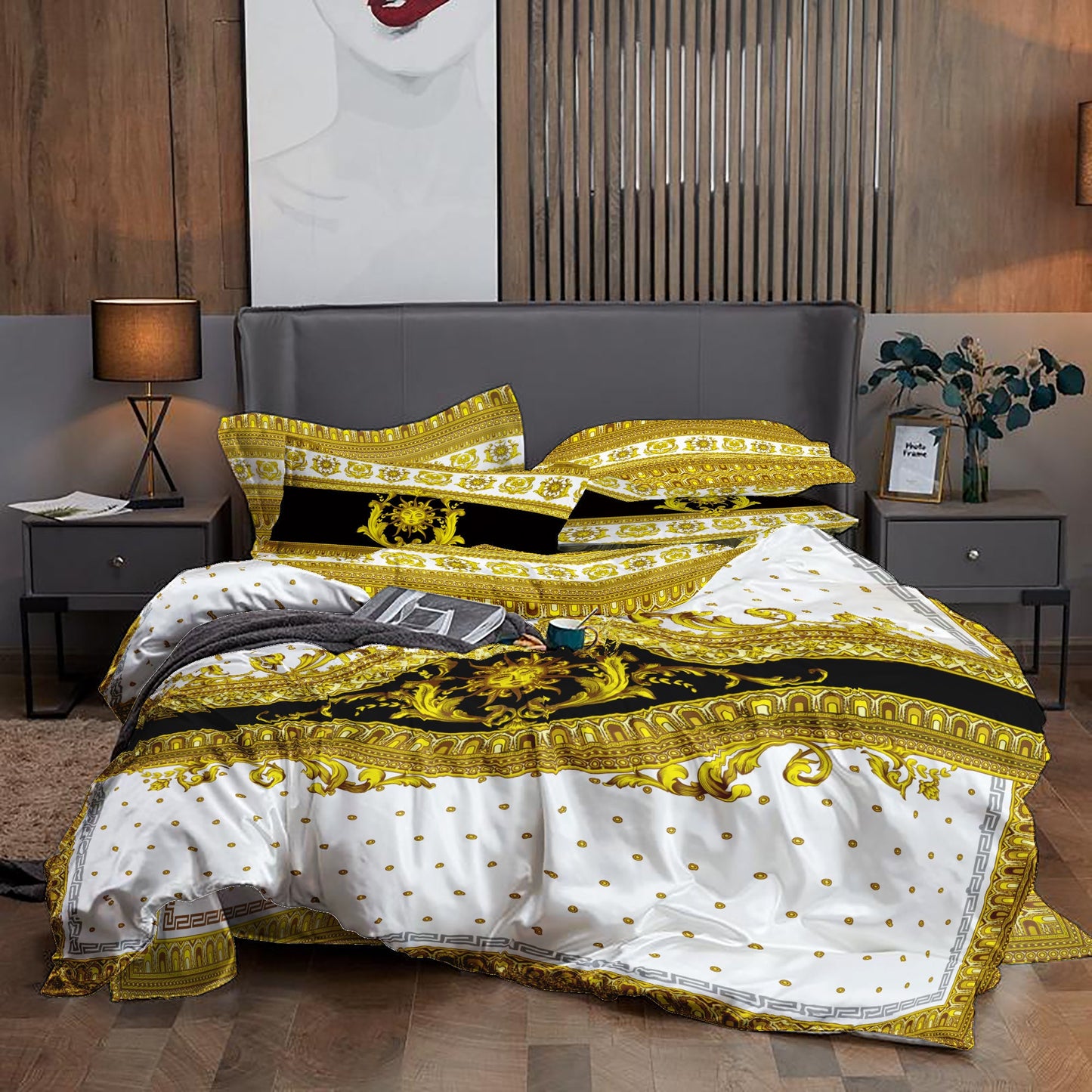 Juego de cama personalizado barroco excéntrico amarillo • se puede colocar su logotipo/letra • Diseño reversible • Algodón • microfibra • seda sintética