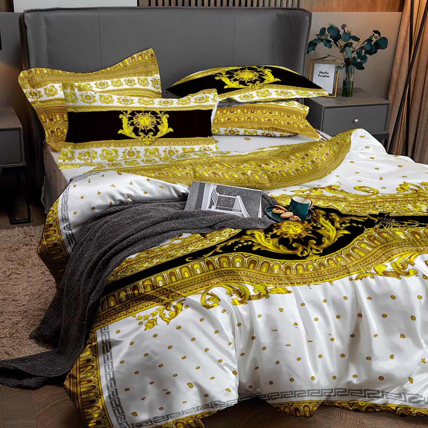 Juego de cama personalizado barroco excéntrico amarillo • se puede colocar su logotipo/letra • Diseño reversible • Algodón • microfibra • seda sintética