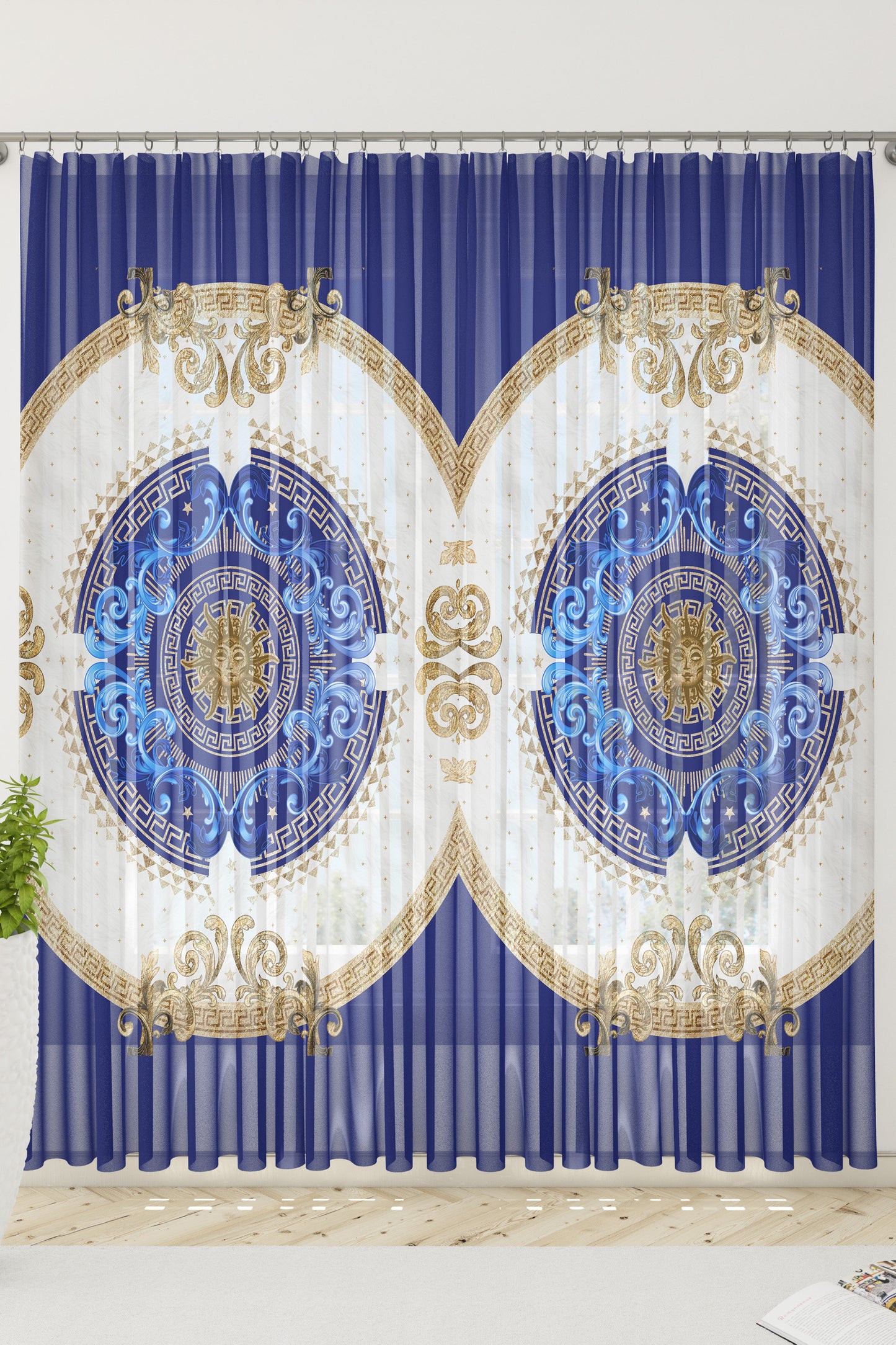 Juego de 2 cortinas "Noira" en tonos azul dorado, estilo barroco o griego, diseño romántico • TU LOGOTIPO • Cortinas para habitación • Cortinas opacas • Decoración del hogar