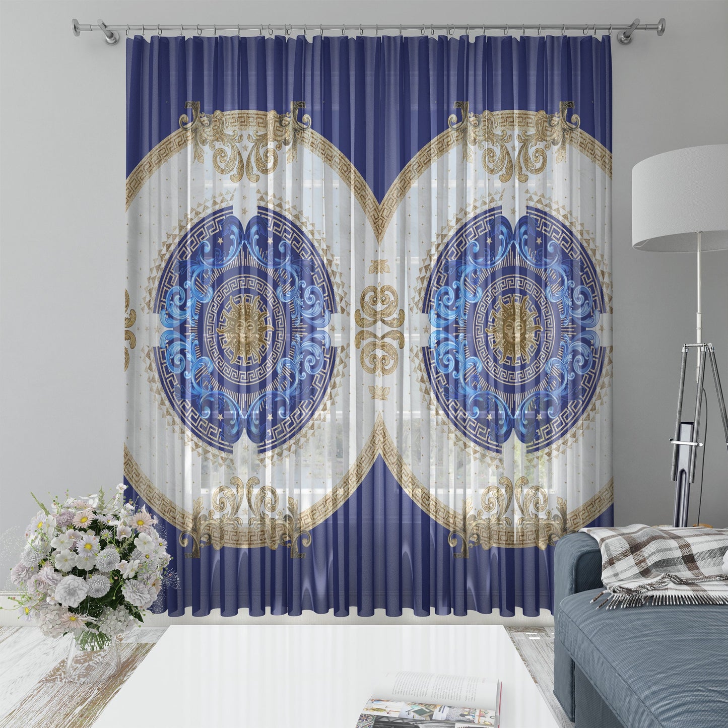 "Noira" Curtains 2 PCS SET blue gold baroque or greek style romantic design • your LOGO • room curtains • blackout • home decor