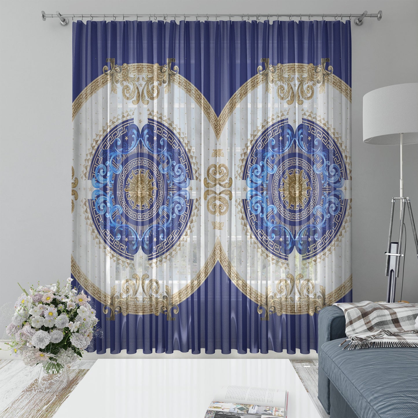 Juego de 2 cortinas "Noira" en tonos azul dorado, estilo barroco o griego, diseño romántico • TU LOGOTIPO • Cortinas para habitación • Cortinas opacas • Decoración del hogar