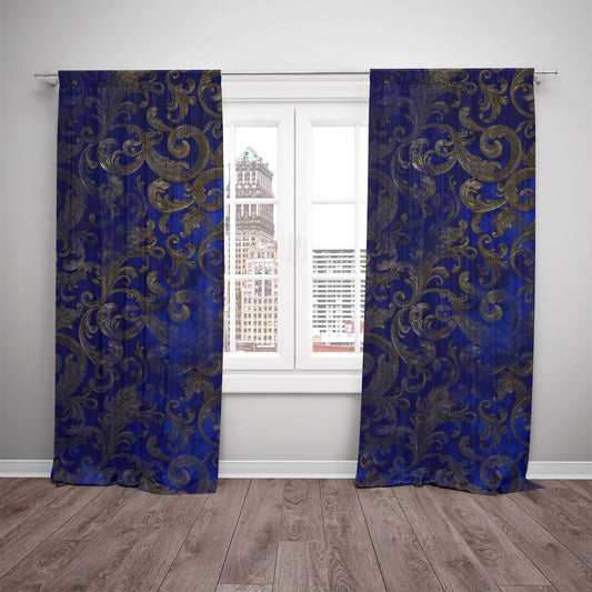 Cortinas 2 PCS SET diseño romántico estilo barroco o griego azul dorado • cortinas de habitación • apagón • decoración del hogar