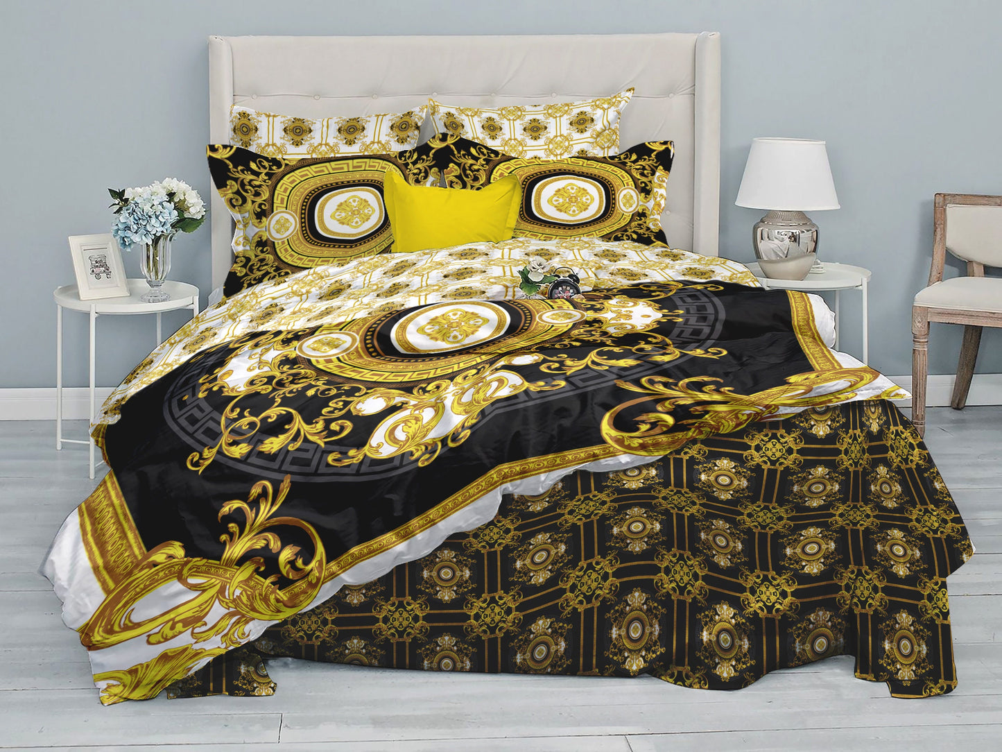 Juego de cama "Creta" Barroco Negro Amarillo Blanco Diseño romántico personalizado • Diseño reversible