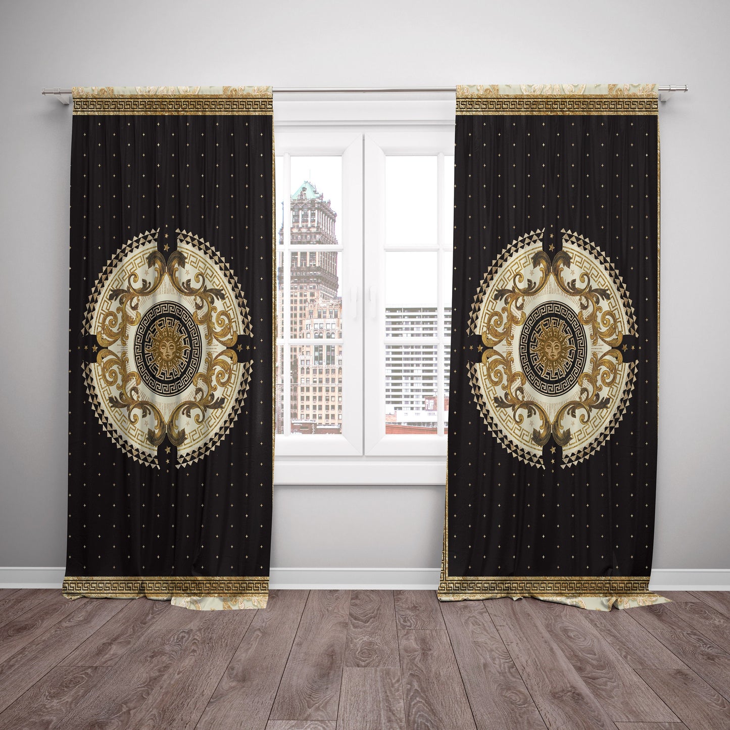 Cortinas 2 PCS SET oro negro estilo barroco o griego diseño romántico • su logotipo • cortinas de la habitación • apagón • decoración del hogar