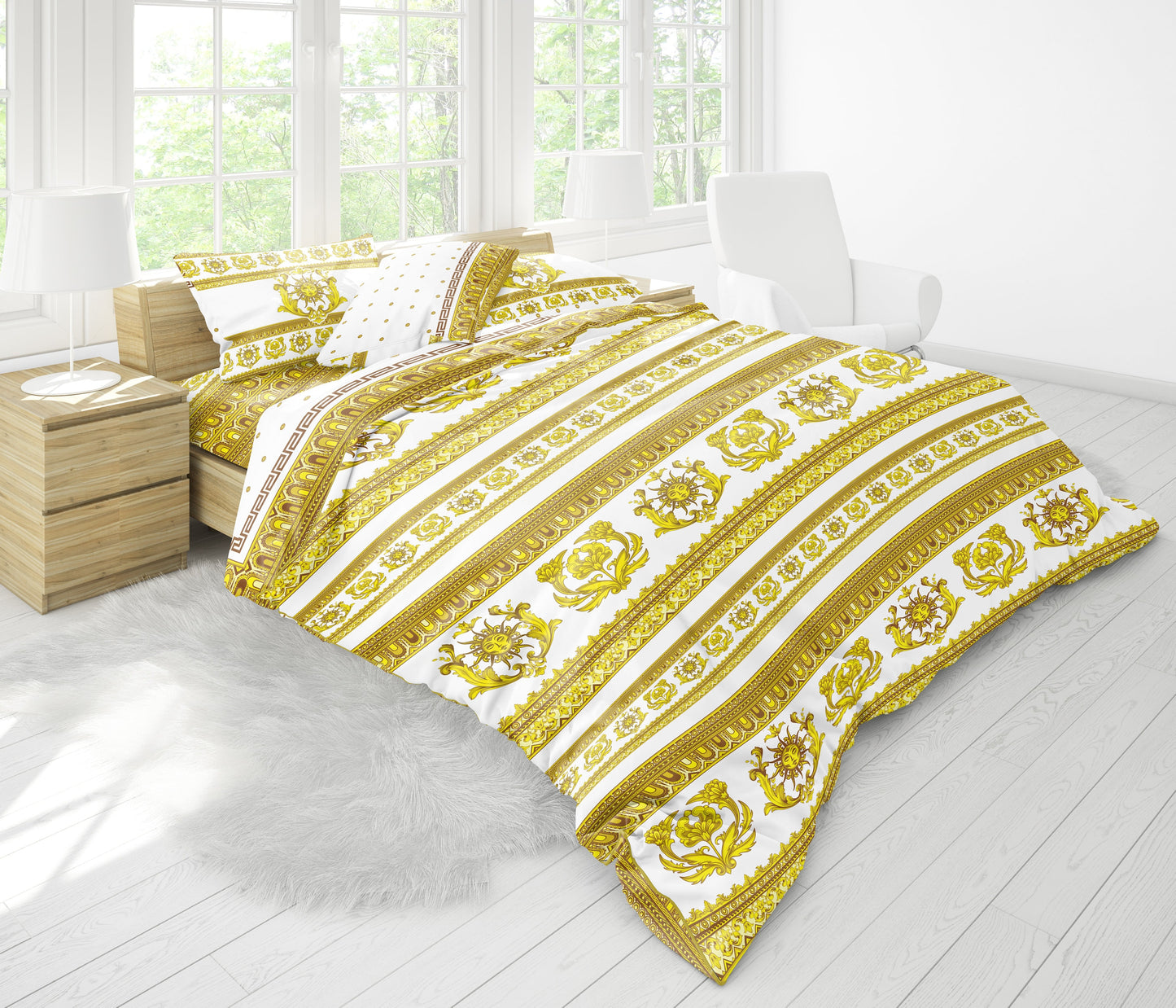 Juego de cama personalizado Barroco Excéntrico Amarillo • su LOGO • Diseño reversible • Algodón • microfibra • seda sintética •