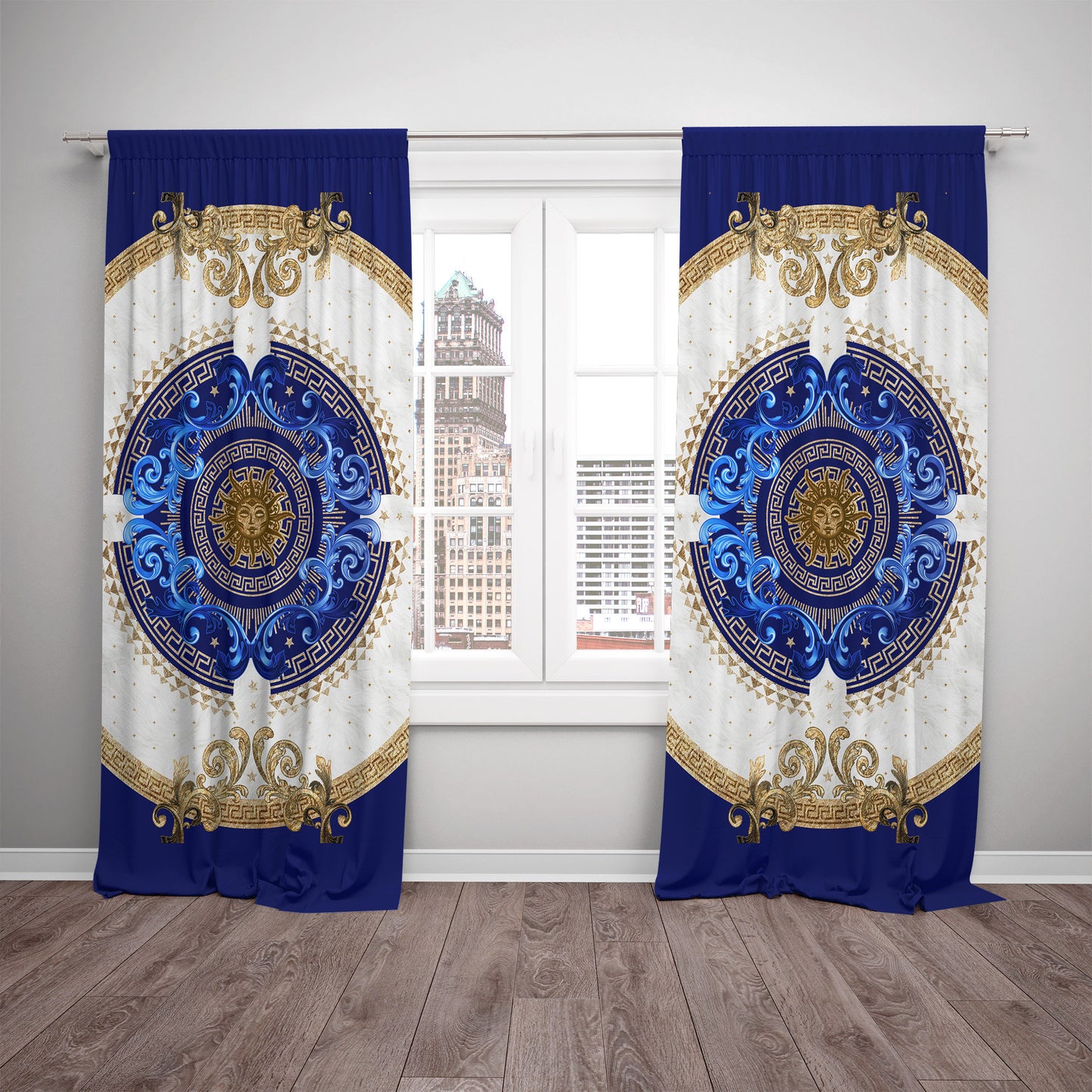 "Noira" Curtains 2 PCS SET blue gold baroque or greek style romantic design • your LOGO • room curtains • blackout • home decor