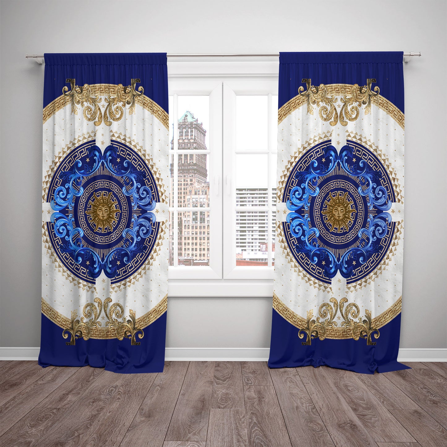 Juego de 2 cortinas "Noira" en tonos azul dorado, estilo barroco o griego, diseño romántico • TU LOGOTIPO • Cortinas para habitación • Cortinas opacas • Decoración del hogar