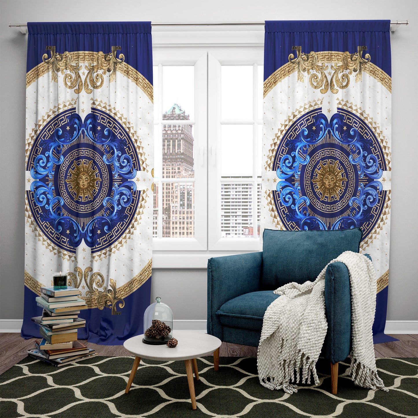 Juego de 2 cortinas "Noira" en tonos azul dorado, estilo barroco o griego, diseño romántico • TU LOGOTIPO • Cortinas para habitación • Cortinas opacas • Decoración del hogar