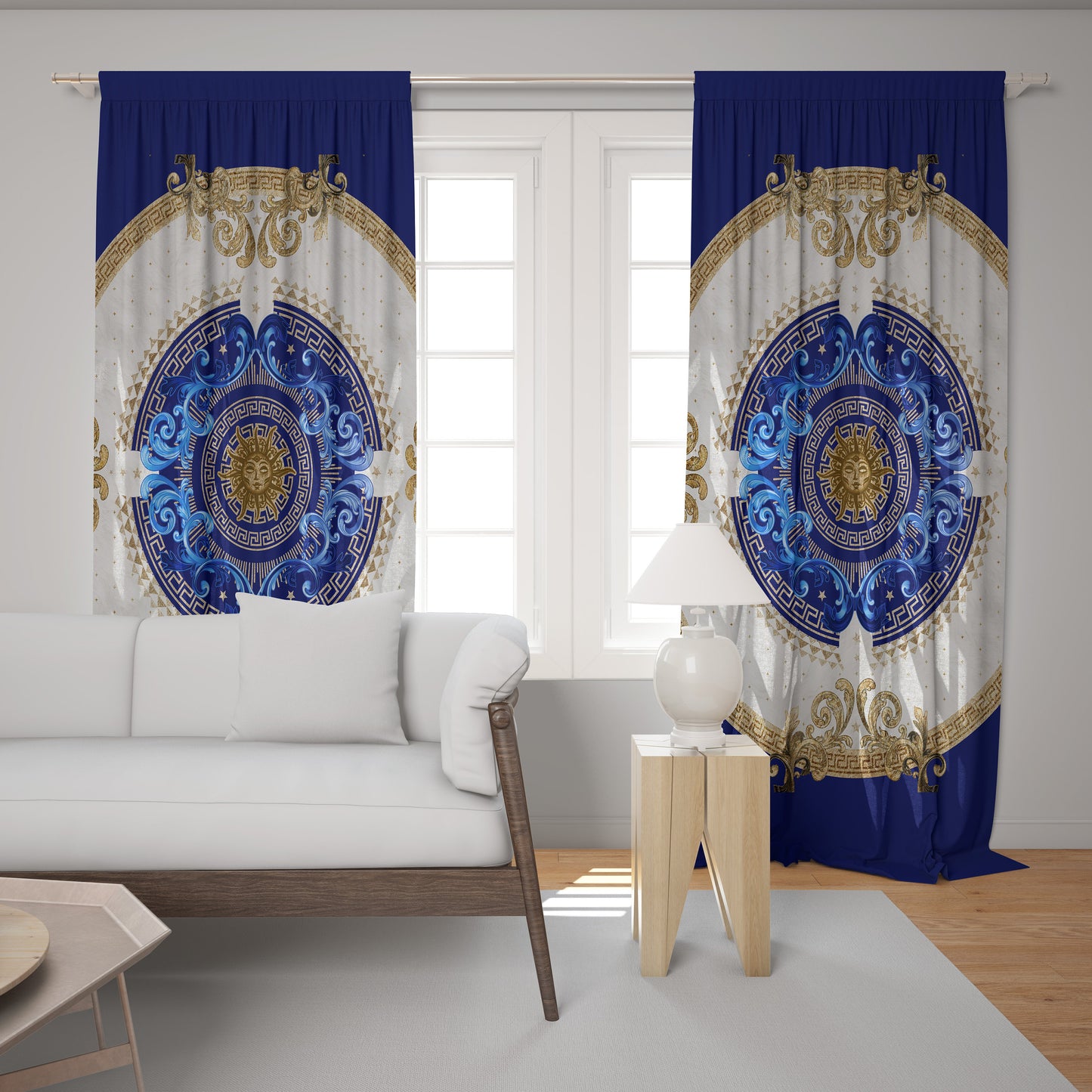 Juego de 2 cortinas "Noira" en tonos azul dorado, estilo barroco o griego, diseño romántico • TU LOGOTIPO • Cortinas para habitación • Cortinas opacas • Decoración del hogar